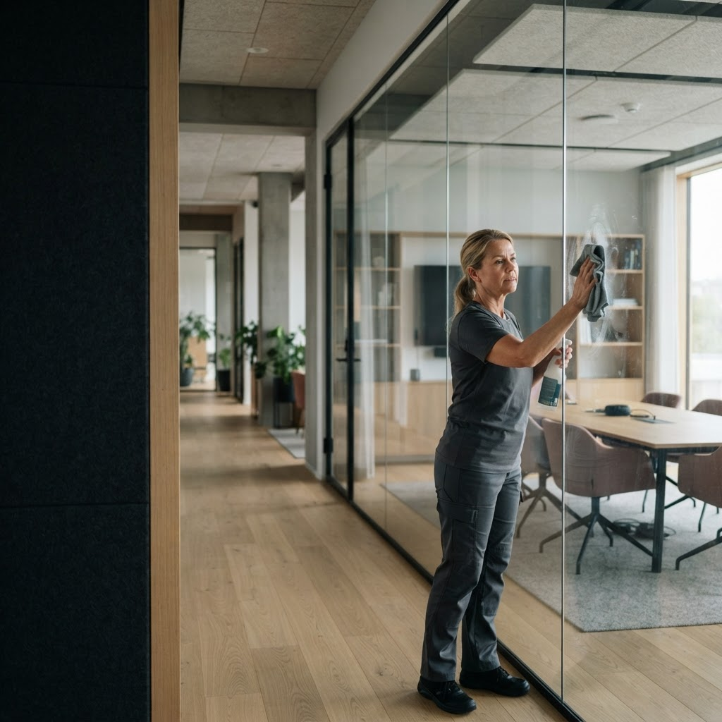 Succes Cleaning medarbejder udfører rengøring i et moderne kontor